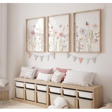 Imagem de Impressão de pôster botânico de flores silvestres 3 peças arte de parede rosa floral pintura em tela emoldurada para sala de estar, decoração de berçário com moldura interna