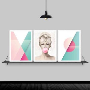 Imagem de Kit 3 Quadros Abstratos Brigitte Chiclete 45X34Cm Branca