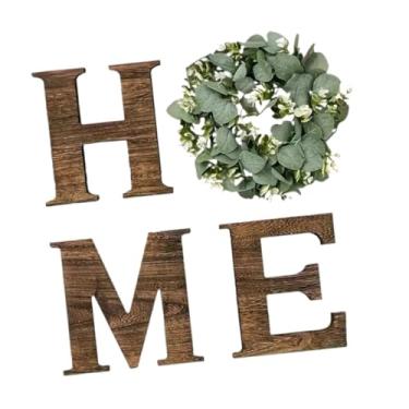 Imagem de Fiocias Letreiro de madeira com letras decorativas e guirlanda artificial para pendurar na parede, ideal para cozinha, Marrom