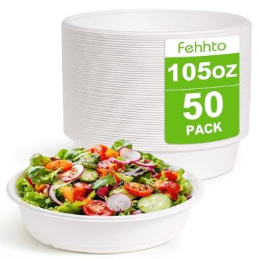 Imagem de FEHHTO Tigela de papel descartável extra grande de fibra de cana de açúcar de 2,9 ml, tigela de servir redonda resistente para sopas, massas e pratos picantes, utensílios de mesa ecológicos para