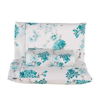 Imagem de Jogo De Lençol Percal 180 Fios Algodão (BRANCO COM AZUL,CASAL)