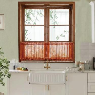 Imagem de Sutuo Home Cortinas Curtas Terracota Boho para Janelas de Cozinha Sobre a Pia, Laranja Queimada Crochê Privacidade Farmhouse Renda Transparente Vintage Borlas Retrô Bolso de Vara, 2 Painéis 127 cm L x