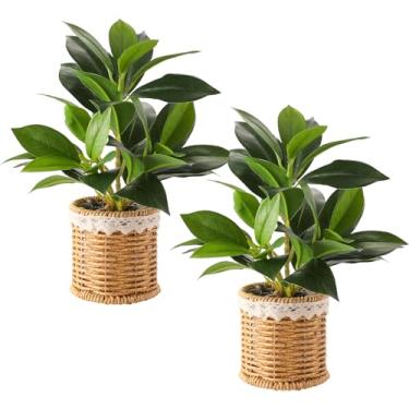 Imagem de Nubry Pacote com 2 plantas falsas em vasos artificiais com vaso trançado para prateleira e mesa | Perfeito para decoração de mesa de centro de 25 cm