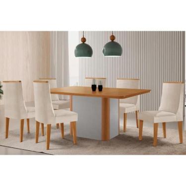 Imagem de Conjunto: Mesa Sala Jantar Pietá Tampo Curvo 180cm+6 Cadeiras Dakota Madeira Naturale/Off White - Capuccino/Suede Creme - Rufato