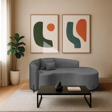 Imagem de Divã Recamier Curvo Sala De Estar Recepção Inglaterra 200cm Pés Metal Preto Lado Direito Linho Cinza Escuro