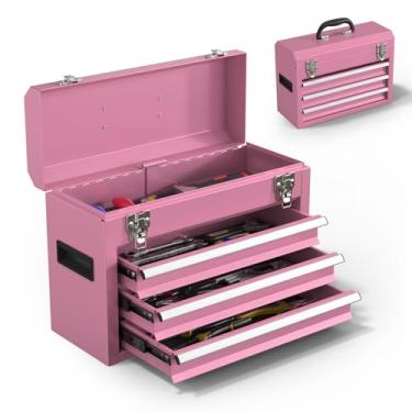 Imagem de Baú de ferramentas de metal resistente com gavetas e forros de EVA, revestido em pó para garagem e casa (rosa)