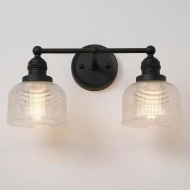 Imagem de Teqinchy Arandelas de parede vintage de 2 luzes, luz dupla preta para banheiro com sombra de vidro ondulado transparente, arandela, lâmpada para banheiro, espelho, sala de estar, quarto, cozinha