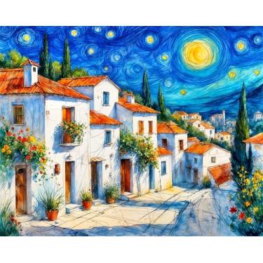 Imagem de AWLNKMC Pintura de céu estrelado por números para adultos, kits de pintura de flores de árvore de casa por números para adultos iniciantes sem moldura, kits de pintura em tela acrílica para decoração