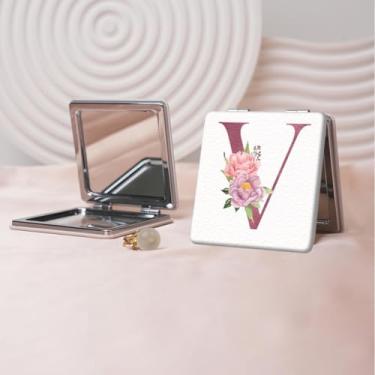 Imagem de Espelho de maquiagem portátil Flower Alphabet Series, mini espelho portátil dobrável, espelho de contorno quadrado portátil de dupla face, adequado para todos em qualquer ocasião