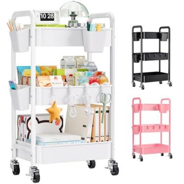 Imagem de Carrinho de rodinhas de 3 níveis com rodas, carrinho de armazenamento utilitário de metal sobre rodas, organizador de carrinhos de artesanato com copos suspensos, ganchos, carrinhos de rodinhas de