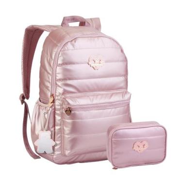 Imagem de Kit Mochila De Costas Lorena Queiroz Metalizada E Estojo Box Cor:Rosé 