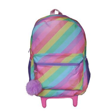 Imagem de Mochila Menina Rodinha Colorida Pompom Chaveiro - Denlex