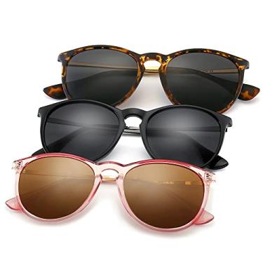 Imagem de SUNGAIT Óculos de sol redondos vintage premium para mulheres e homens, estilo clássico retrô moderno, Pacote com 3 (polarizado): preto fosco/cinza + marrom rosa brilhante/marrom claro + âmbar fosco