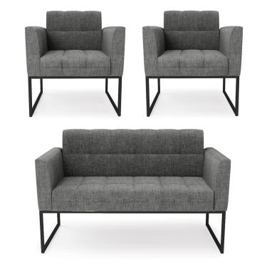 Imagem de Kit 1 Sofá Namoradeira e 2 Poltronas Elisa Linho Grafite A26 Base Metálica Industrial Preto D03 - D'Rossi