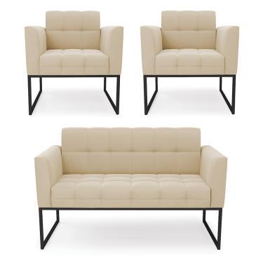 Imagem de Kit 1 Sofá Namoradeira e 2 Poltronas Elisa Suede Bege Base Metálica Industrial Preto D03 - D'Rossi