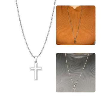 Imagem de Cordão Veneziana 70Cm Pingente Cruz Vazada Prata Aço Inox - Visujóias