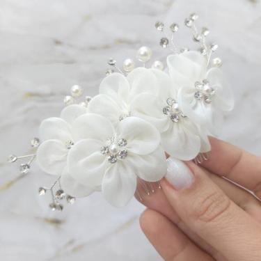 Imagem de Arranjo Cabelo Noiva Prata Strass Pérola Flor Tecido Branco - De Castr