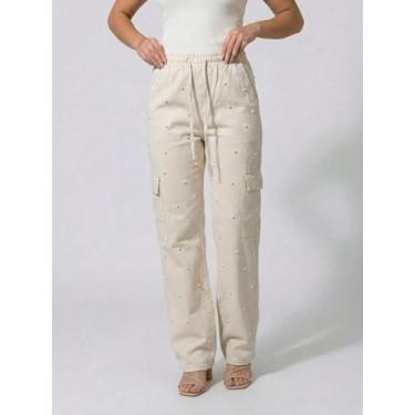 Imagem de Calça Pantalona Cargo Feminina em Sarja Creme com Detalhes de Strass P