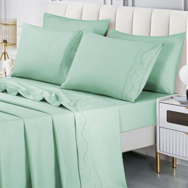 Imagem de Jogo De Cama Lençol Luminia Casal 4 Peças Micropercal 300 Fios Bordado Floral Verde 100...
