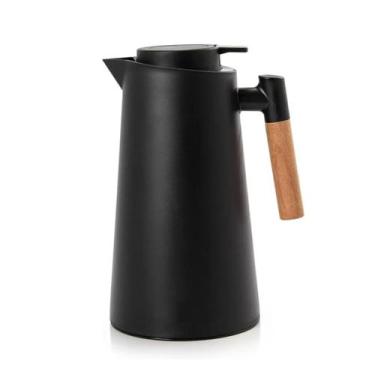 Imagem de Garrafa Térmica Design Cabo Madeira Botão Abre Fácil Preta - Vivaflor 