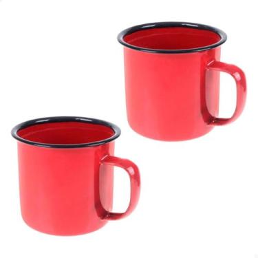 Imagem de Kit Par 2 Caneca Esmaltada 350ml Grande Chá Café Vermelha Cozinha Meta