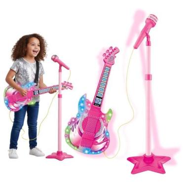 Imagem de Guitarra Infantil Com Microfone Pedestal E Luzes Brinquedo Instrumento