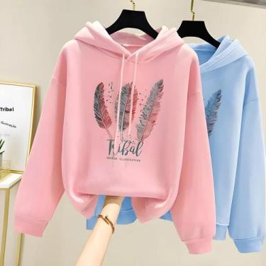 Imagem de Moletom estampado em penas feminino, moletom solto de veludo, moda cas