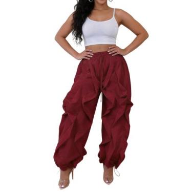 Imagem de Calça cargo feminina LROSEY, folgada, babada, perna larga, vinho