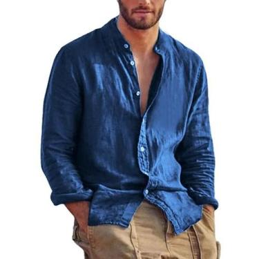 Imagem de Camisa Masculina De Linho De Manga Longa, Cor Sólida, Casual, Leve, Re