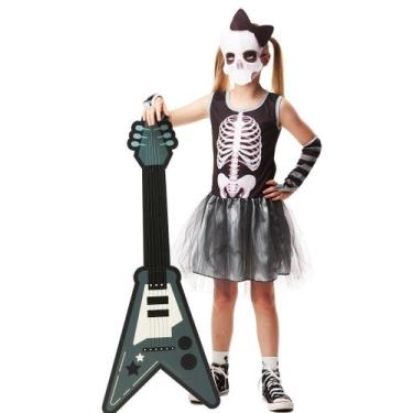 Imagem de Fantasia Halloween Caveira Rockstar Infantil Esquelet Menina - Fantasi