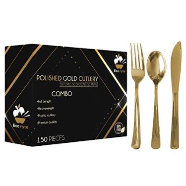 Imagem de 150 peças de talheres premium de plástico dourado resistente | O conjunto de talheres dourados inclui 50 garfos, 50 facas e 50 colheres | talheres dourados descartáveis e reutilizáveis | talheres dourados sem BPA