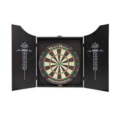 Imagem de HAN'S DELTA Conjunto de armário profissional de alvo de cerdas, reforço de canto de metal, alvo de ponta de aço regulamentação, inclui 6 dardos de ponta de aço e placares (preto)