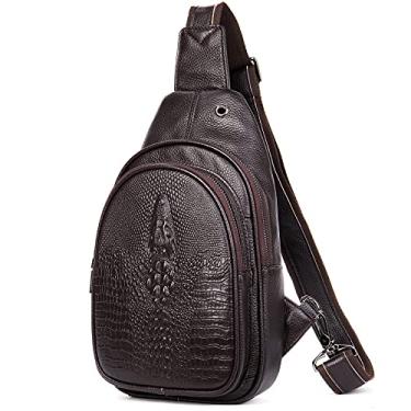 Imagem de Bolsa tiracolo de couro de crocodilo com alça de couro, 3 bolsos transversais com zíper para viagem, caminhada, transporte diário, Marrom, P