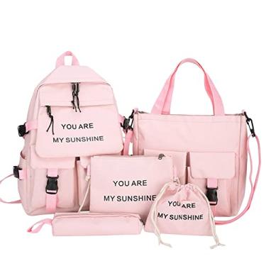 Imagem de Mochila feminina Harajuku conjunto de 5 peças nylon trabalho viagem mochila grande capacidade casual faculdade mochila com alças ajustáveis, rosa, 40 * 33 cm