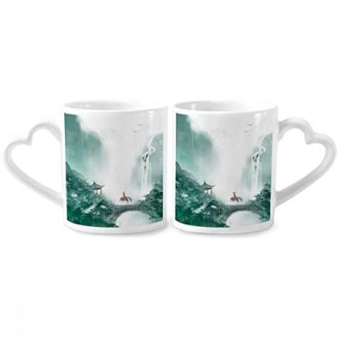 Imagem de Mountain Rain Mo Conjunto de canecas de porcelana chinesa para casal, copo de cerâmica para amantes com alça de coração