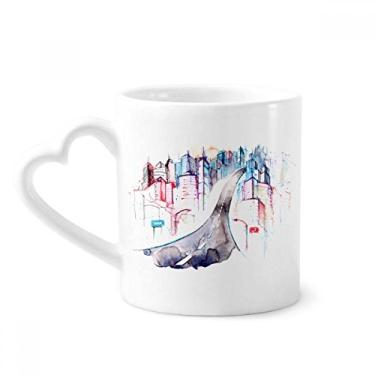 Imagem de Caneca Aquarela City Building Highway Streetlight Coffee Ceramic Drinkware Copo de coração de vidro