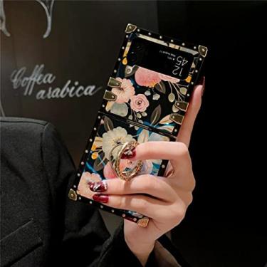 Imagem de FCSWEET Compatível com Samsung Z Flip 3 Case, Square Flower Blossom Electroplating Anti-Choque Slim à Prova de Choque TPU Capa de Telefone para Meninas Mulheres com Suporte de Anel Galvanizado