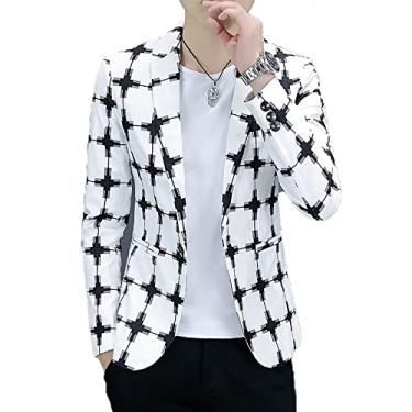 Imagem de Blazer masculino casual primavera xadrez slim terno jaqueta macio confortável casaco de um botão para casamento leve lapela externa, preto, 2GG (busto: 110 cm)