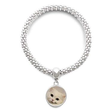 Imagem de DIYthinker Bracelete de prata com pingente de gato branco gatinho animal de estimação relaxamento animal de estimação pulseira ajustável