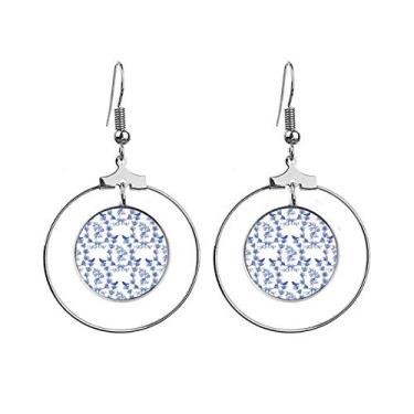 Imagem de Brincos de argola com símbolo azul e branco com folha de planta