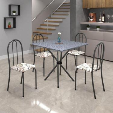 Imagem de Conjunto de Mesa Tubular 70x70cm Tampo em Granito com 4 Cadeiras Ane B Soma Móveis Arabesco/Martelado Prata/ Granito Ocre