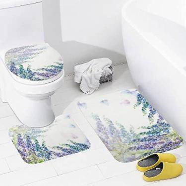 Imagem de Conjunto de 3 peças de tapetes de banheiro com flores e borboletas azuis de Delphinium laváveis, tapete antiderrapante, tapete de contorno e tampa para banheiro