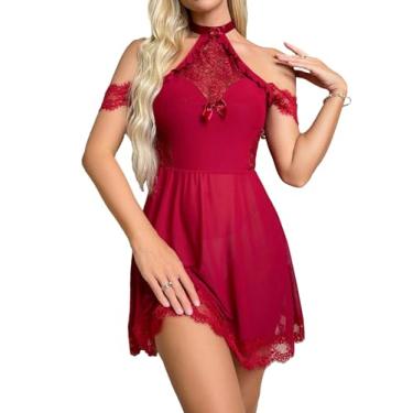 Imagem de WDIRARA Vestido de noite feminino de renda com ombro vazado com laço na frente única gola, Borgonha, M