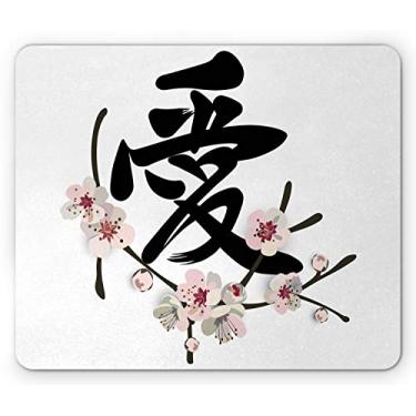 Imagem de Lunarable Kanji Mouse Pad, ilustração da palavra de amor chinês com flor de cerejeira, mousepad retangular de borracha antiderrapante, tamanho padrão, carvão rosa