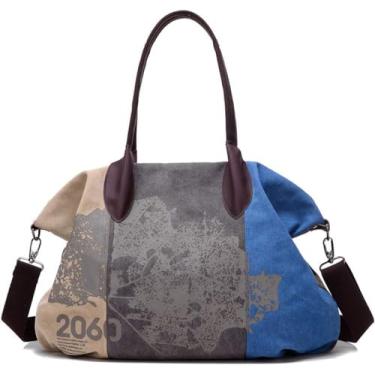 Imagem de Bolsa feminina vintage de lona bolsa mensageiro bolsa de ombro de grande capacidade, Azul, One Size
