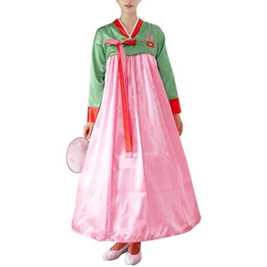 Imagem de Vestido feminino coreano tradicional Hanboks flor longo cintura alta vestido curto elegante roupa de dança roupa de festa (01#(verde + rosa), M)