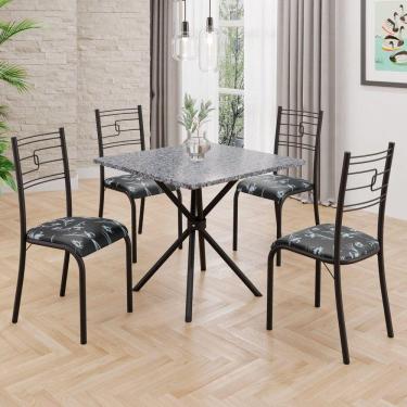 Imagem de Conjunto Sala de Jantar Mesa Quadrada 70x70cm Tampo Granito Ocre 4 Cadeiras Paraty Preto Floral / Preto Fosco