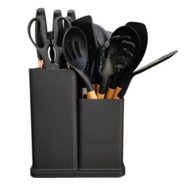 Imagem de Kit 19 Utensílios De Cozinha Com Cabo De Madeira E Silicone (Preto)