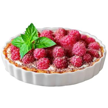 Imagem de FEOOWV Forma de quiche de porcelana redonda branca - antiaderente - perfeita para assar tortas de torta e torta de frango, máquina de lavar louça, seguro para micro-ondas e forno (18 cm)