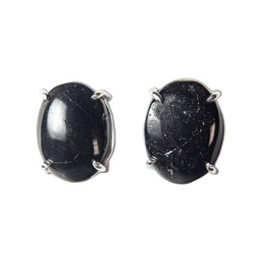 Imagem de Brinco Turmalina Preta Cabochao Oval Classe B 12mm Prata 950
